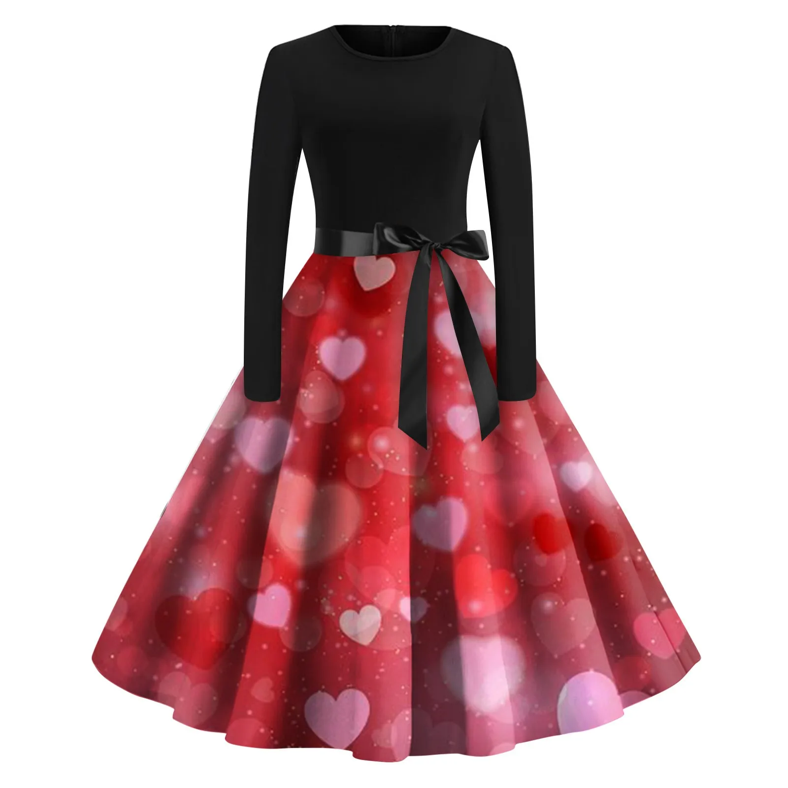 

Spring Valentine's Day Dresses For Women Long Sleeve Round Neck Dress Party Casual Heart Print Female Dresses 2024 New