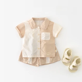 2025 صيف جديد للأطفال الميكا اللون حظر مجموعة 1-5 سنة الأولاد طفل موضة طوق قصيرة الأكمام السراويل 2 قطعة مجموعة 2