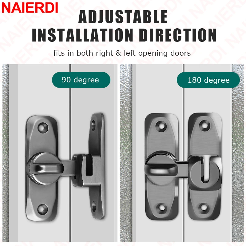 NAIERDI Door Hasp Latch 90/180 Degree Hasp Latches Sliding Door Chain Locks Security Hardware For Window Cabinet Hotel Home Window Door Locks