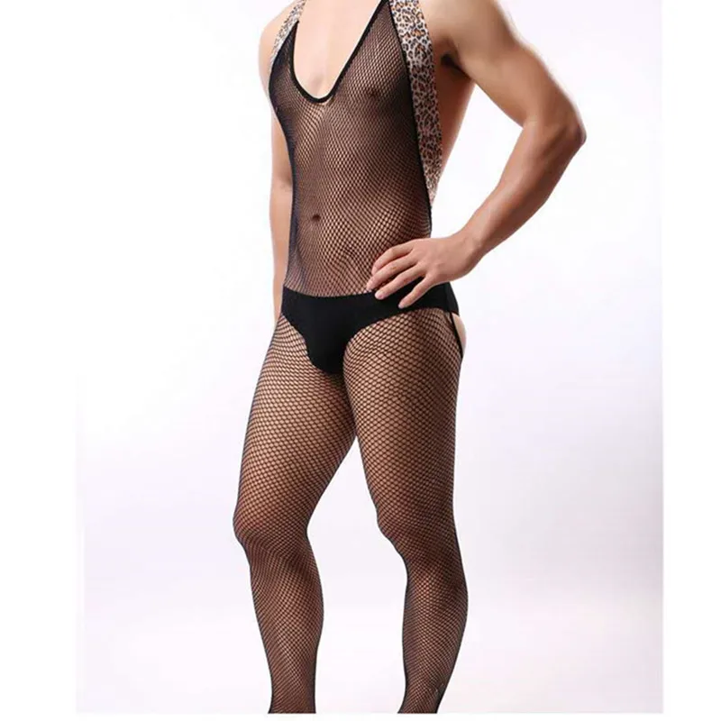 Men's one-piece hosiery Men's tights Leopard print ultra-thin high stretch hosiery men's front and back cutout crotch one-piece