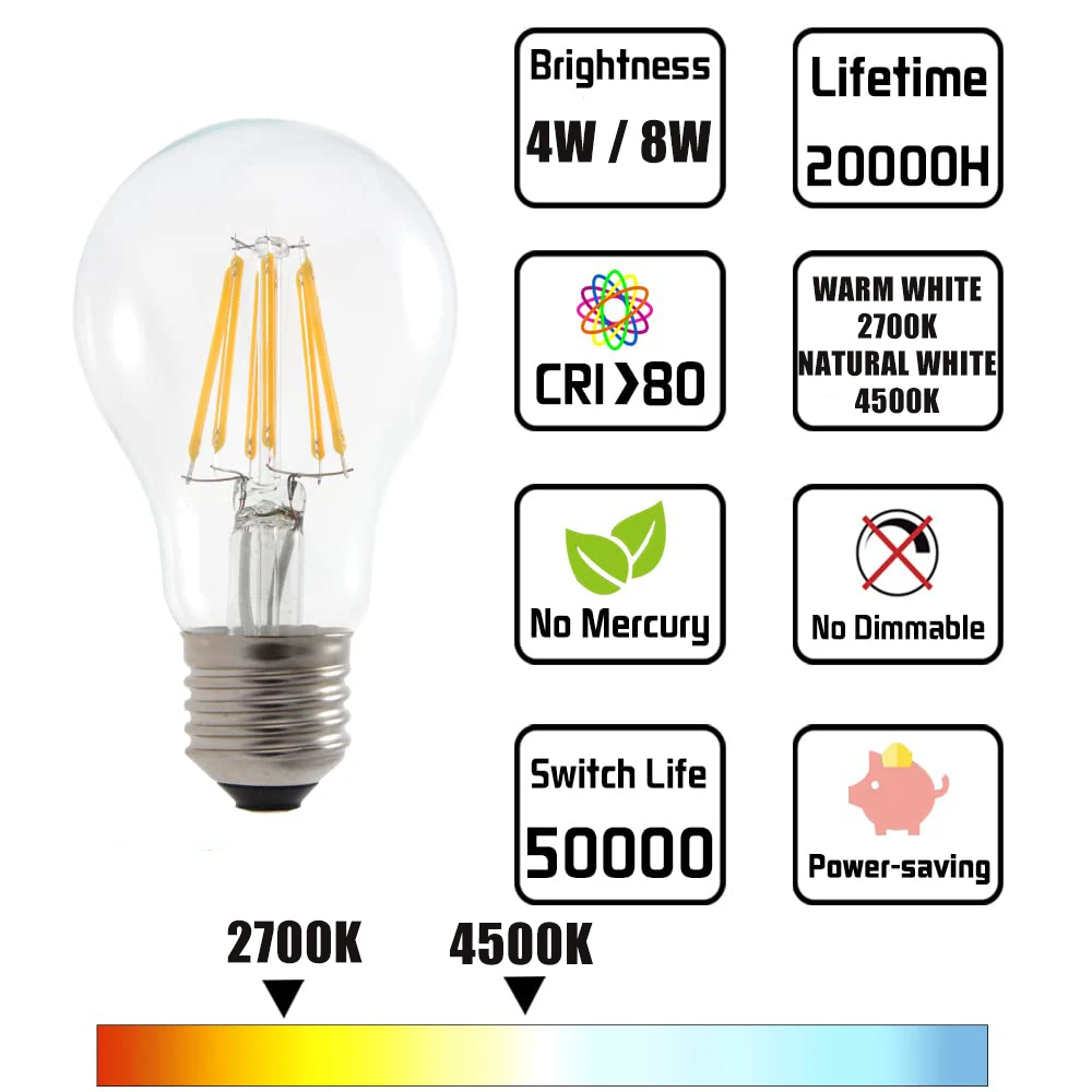 E27 A19 Led 필라멘트 전구 투명 유리 에디슨 4W 8W A60 자연 흰색 4500K 전구 실내 홈 거실 테이블 220V