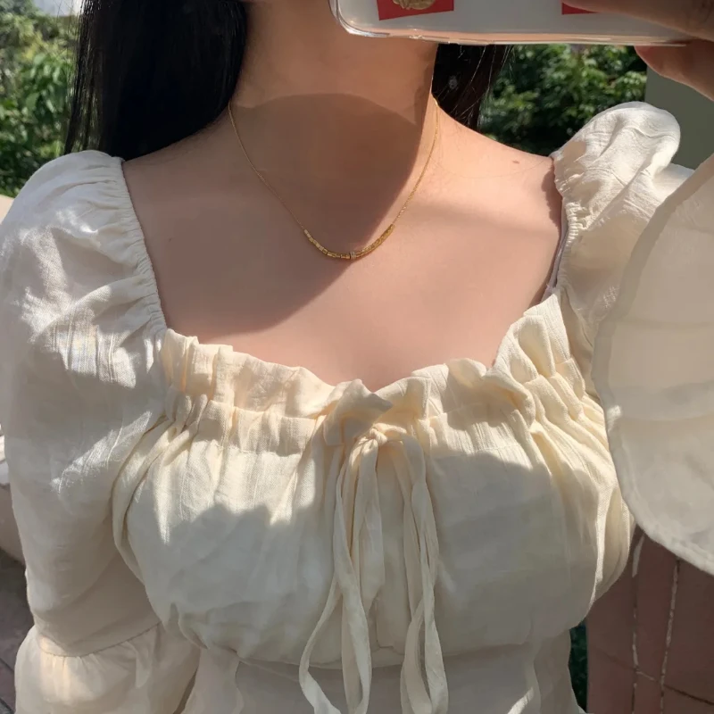 Flare Sleeve Blouses Women Sexy Crop Tops Temper Summer Holiday Lady Solid Aesthetic Basics Square Collar Clothing Vintage Daily