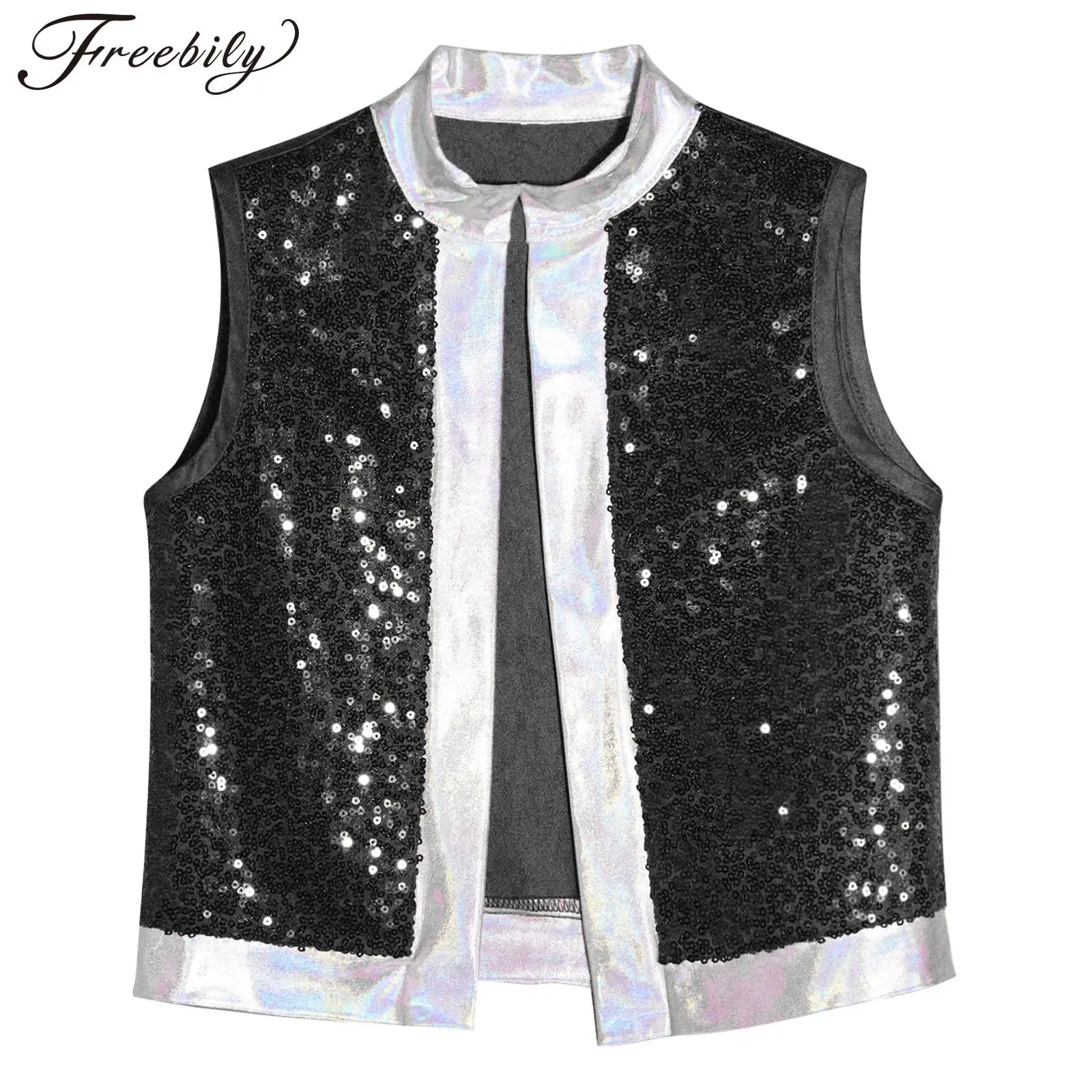 

Kids Hip-hop Jazz Dance Stage Performance Clothes Child Stand Collar Shiny Sequins Vest Cardigan Halloween Party Cosplay Costume