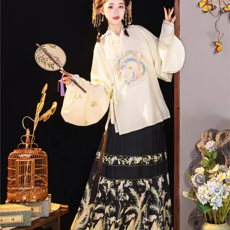 

2023 оригинальное платье Hanfu, женское платье с вышивкой и круглым вырезом, юбка с конским лицом, осенний костюм Hanfu с рукавом Пипа