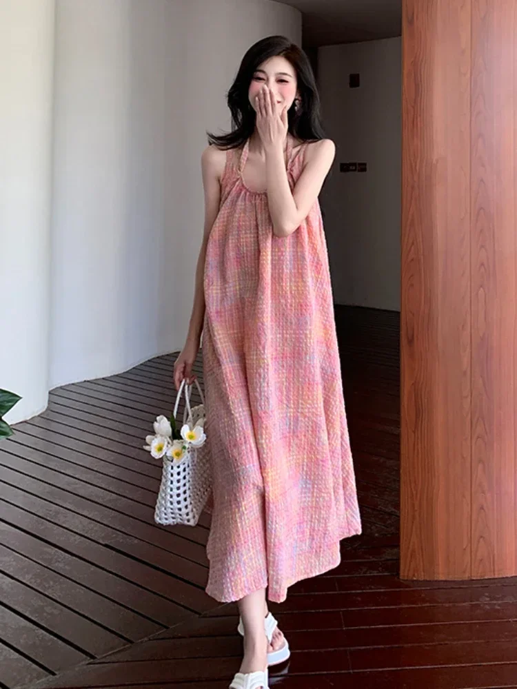 

Women's Summer Sweety Pink Plaid Dress Suspender Loose Casual Vacation Dresses Fairycore Beach Style Long Skirt Seaside Holiday