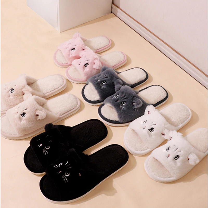 Cute Cartoon Cats Women's Fur Slippers Non Slip Flat Heel Home Slippers Women Winter 2025 Faux Fur Warm Cotton Slippers Indoor
