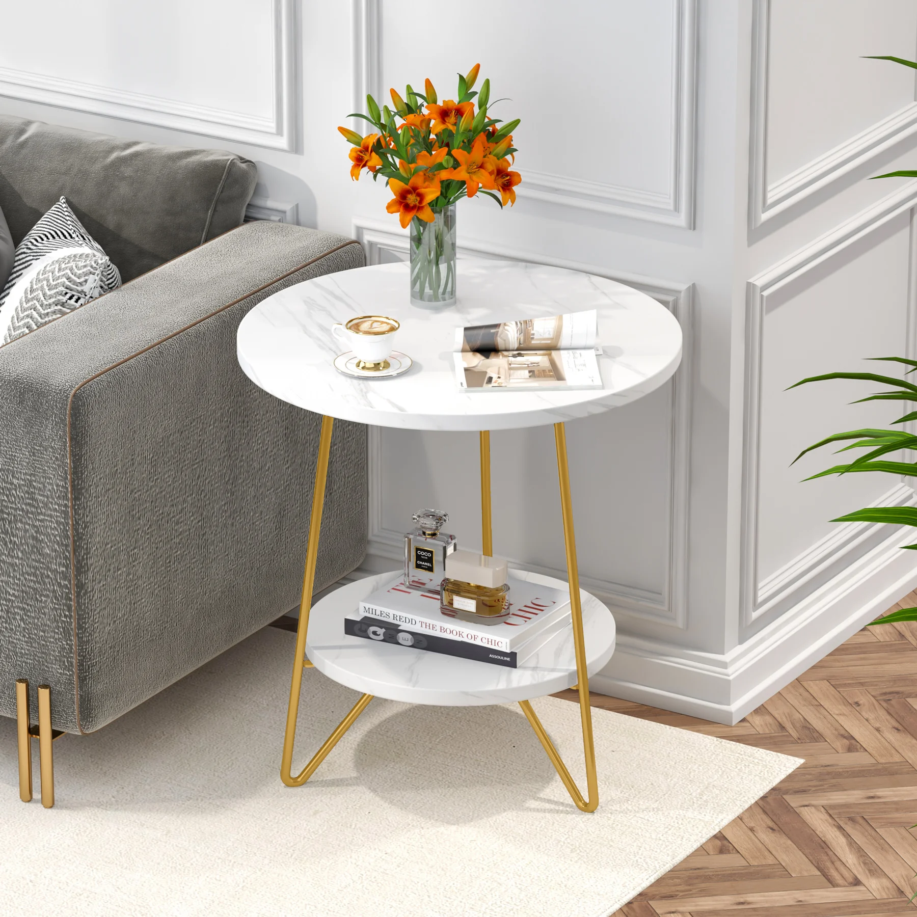 Tribesigns Faux Marble End Table 2 Tier Round Side Table with Shelves Modern Nightstand Bedside Table Small Coffee Side Table C Shaped End Table For Couch Bed Tv Tray For Eating On Couch Small End Tables Small Spaces Easy Assembly