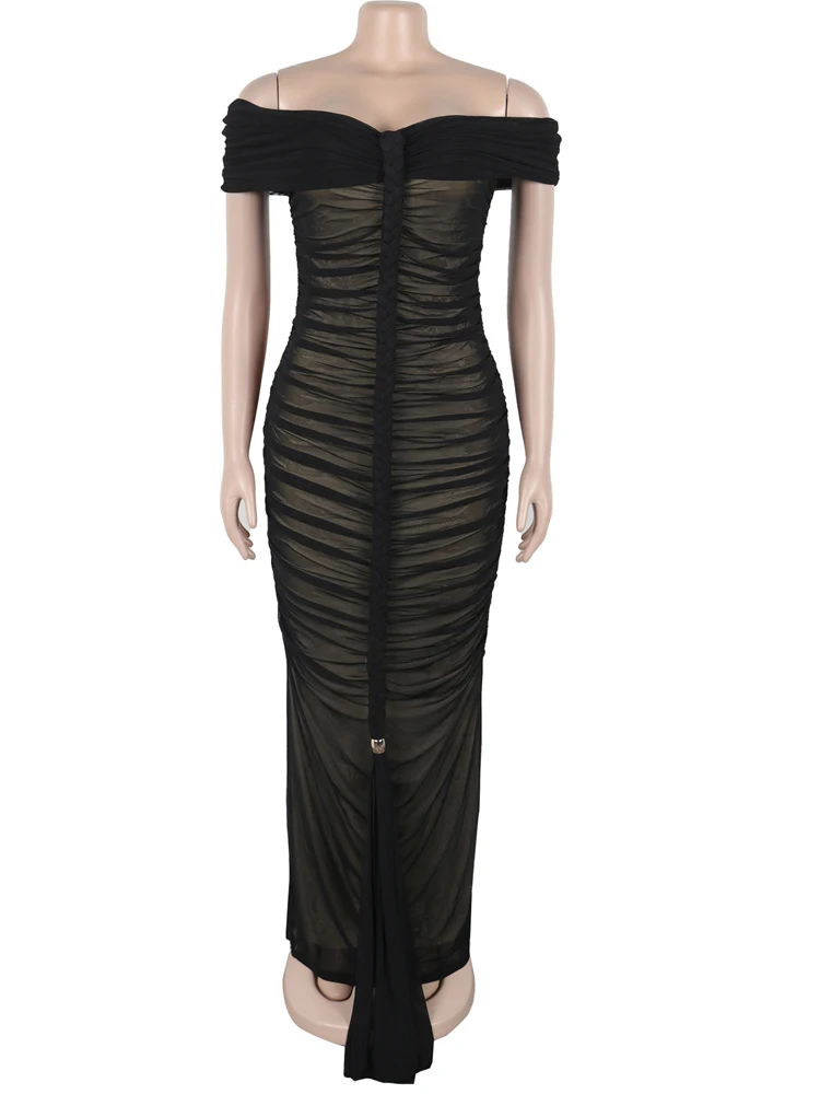 Kricesseen Women's Sheer Mesh Ruched Long Maxi Dress Elegant