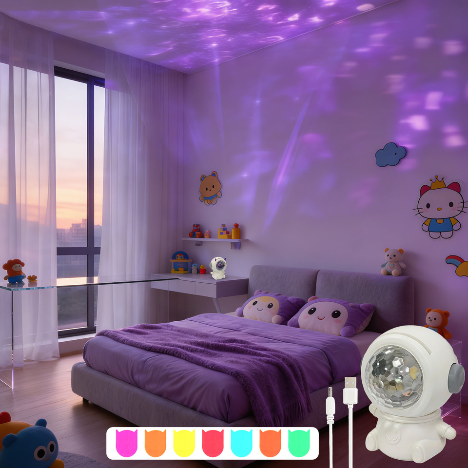 Astronaut Water Wave LED Projector Lamp, 7 Colors Changing Night Light for Kids Bedroom, Nursery Decor
