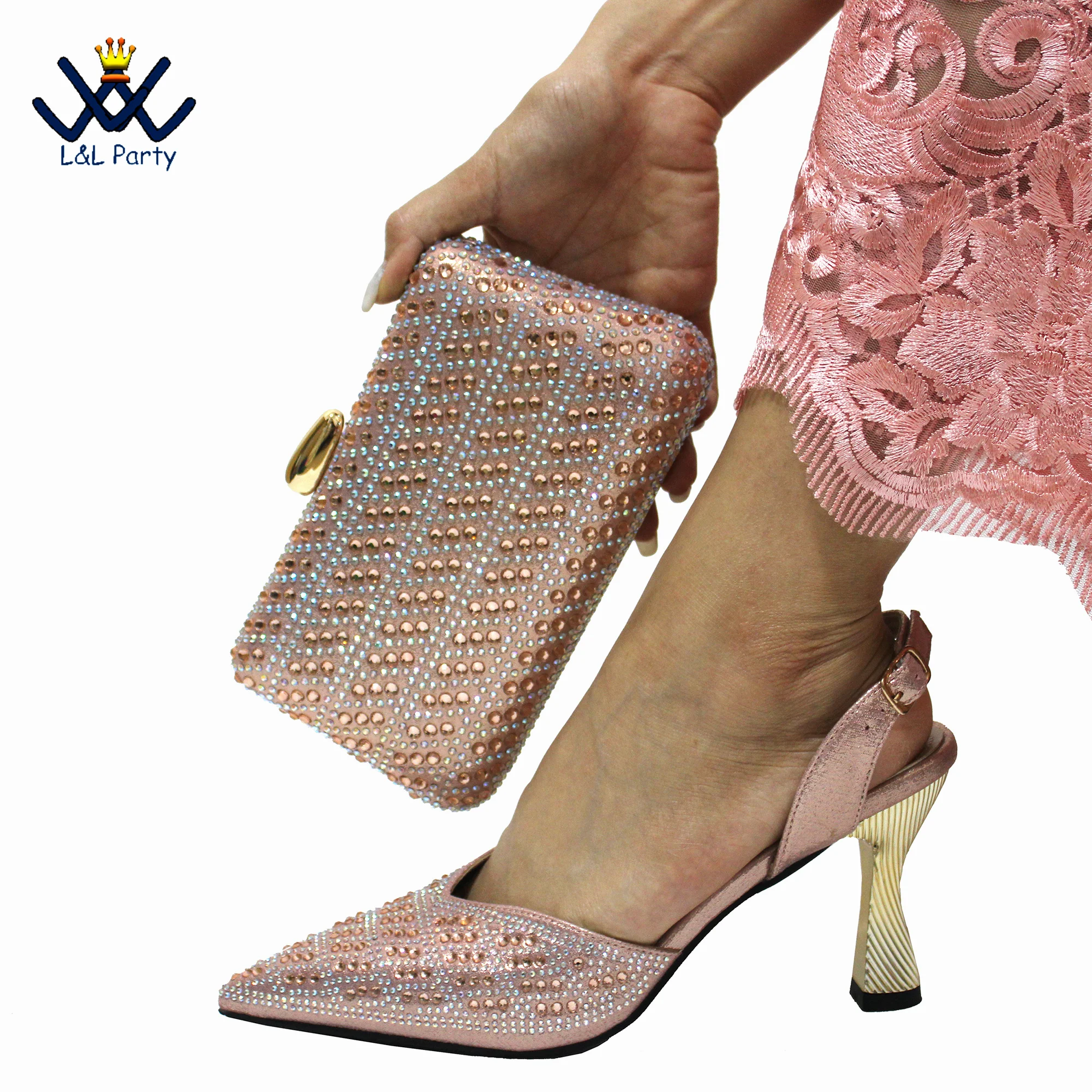 Champagne New Design African Shoes and Bag Set Decorate with Rhinestone with Specials Heels for Wedding Party