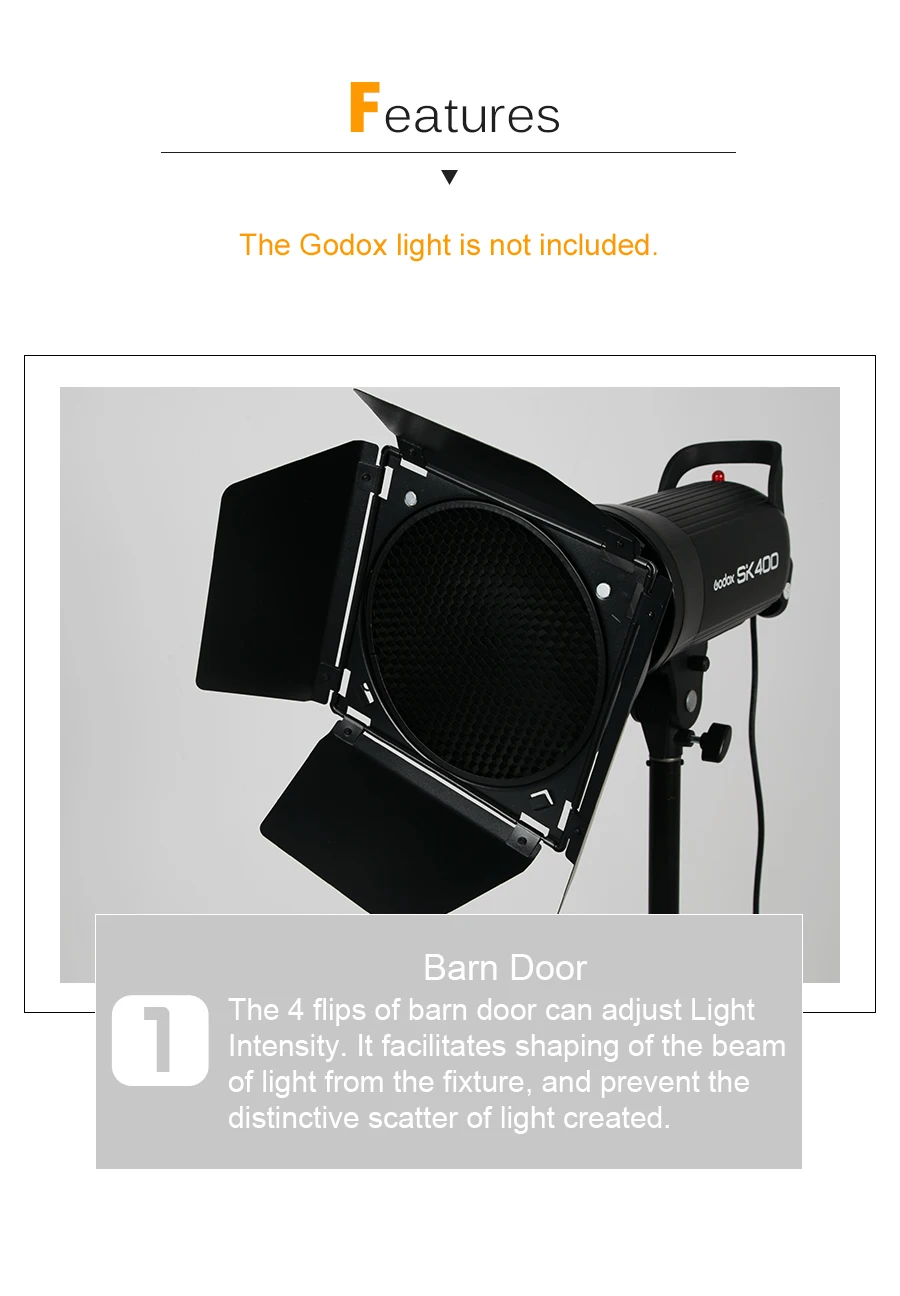 Description Picture 5 of itemGodox BD-04 Barn Door Bowens Mount Standard Reflector Honeycomb Grid Color Gel Filter For Photography Studio Flash Accessory
