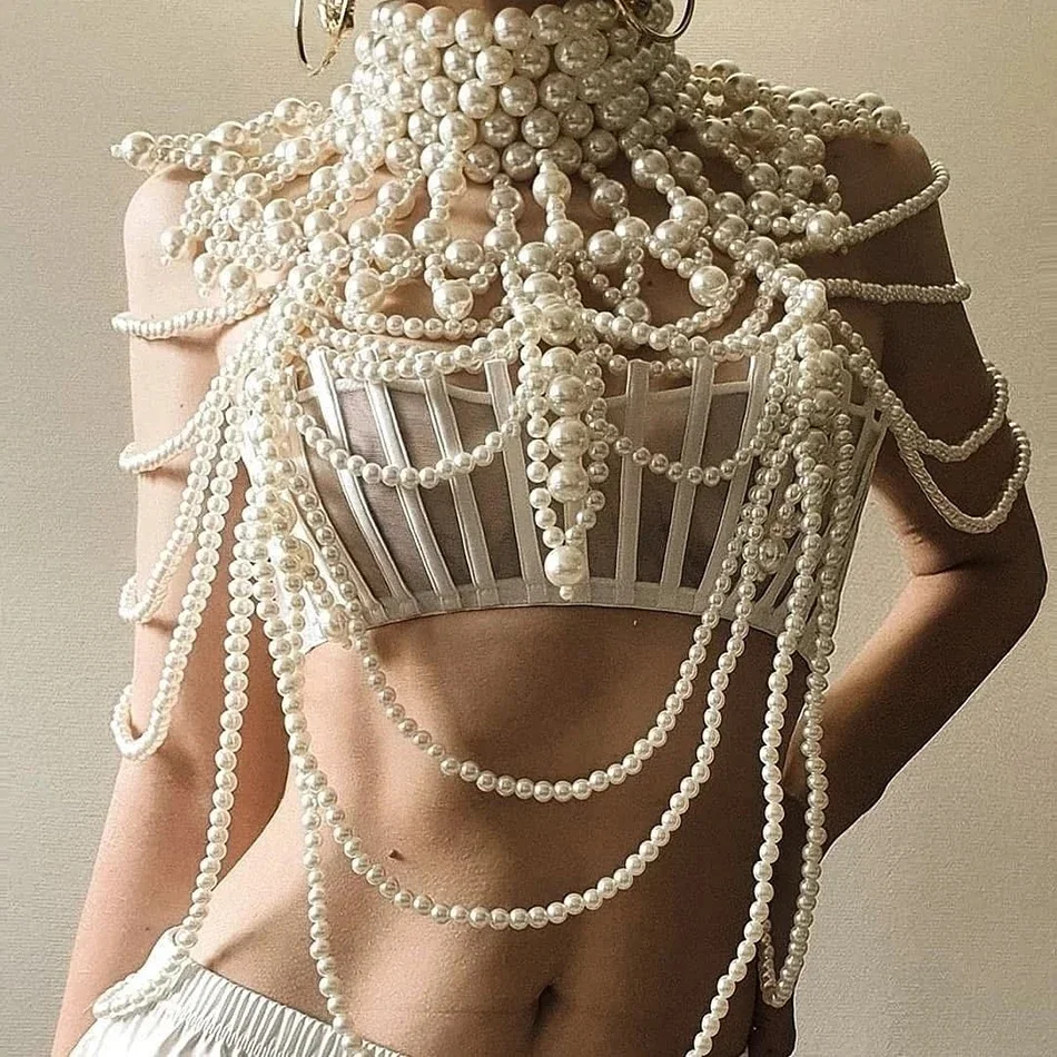 

Palace Handmade Pearl Wedding Dress Body Chain Retro Sexy Hand-made Beaded Lolita Imitation Pearl Fringe Shawl Gown Necklace