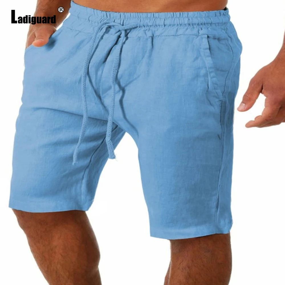 Ladiguard 2024 Stylish simplicity Drawstring Shorts Men All-match Stand pocket Short Pants Green White Casual Linen Beach Shorts