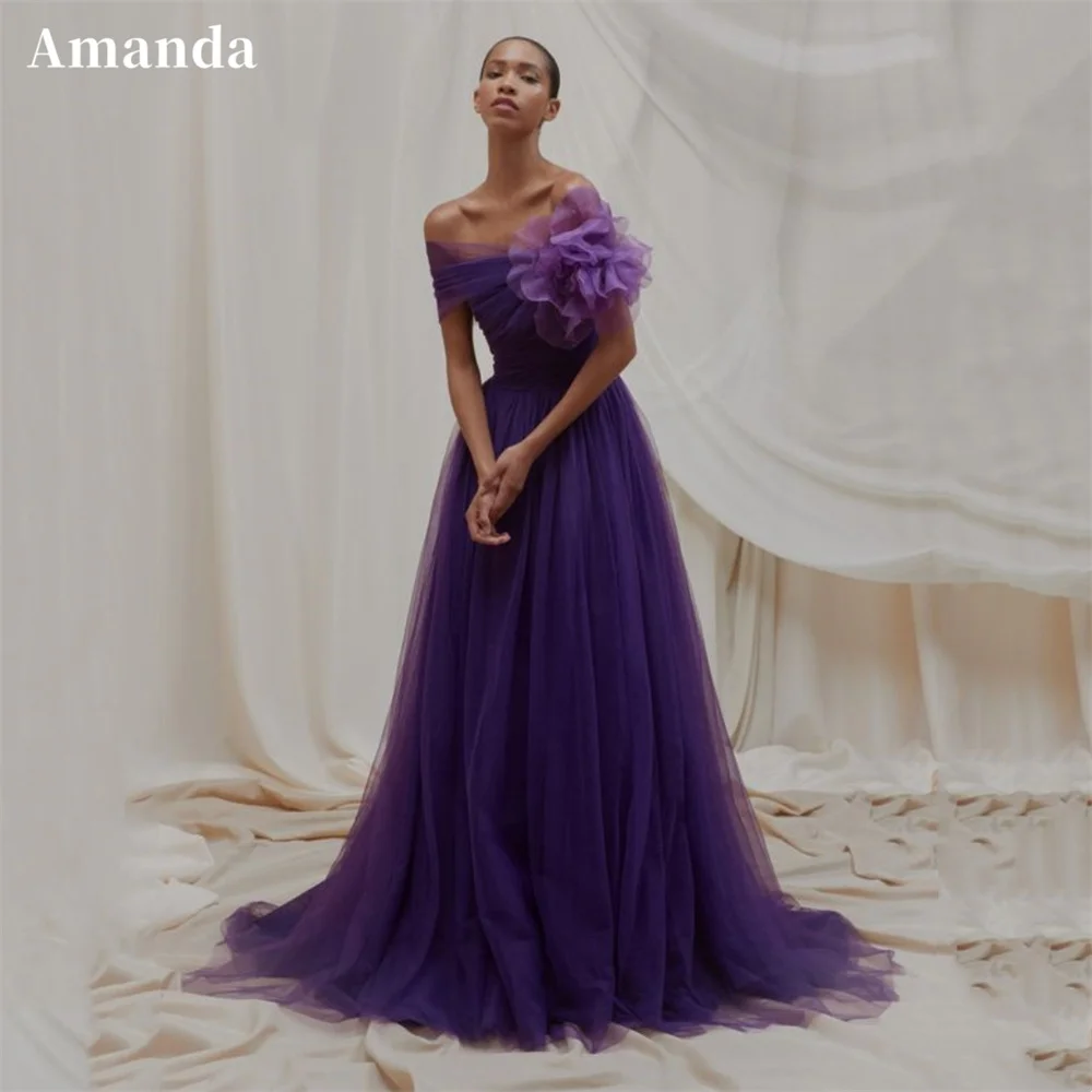 

Amanda Purple Off Shoulder A-line Prom Dress Pleated Sheath فستان حفلات الزفاف Strapless Tulle vestidos de festa