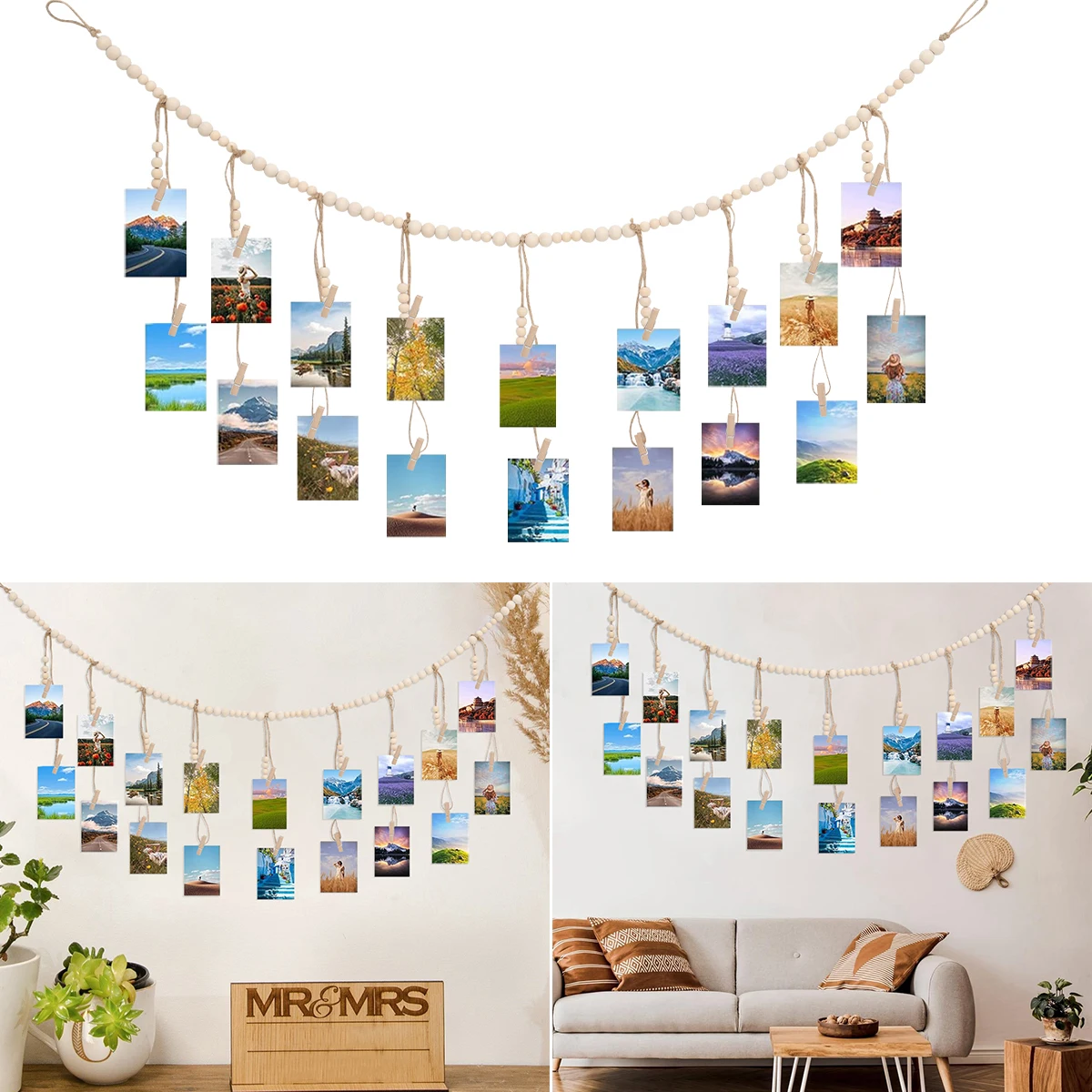 

Photo Clip Light Banner with Wooden Beads Birthday Party Decor Kids Girl Boy Baby Shower Banner Christmas Decoration 2024