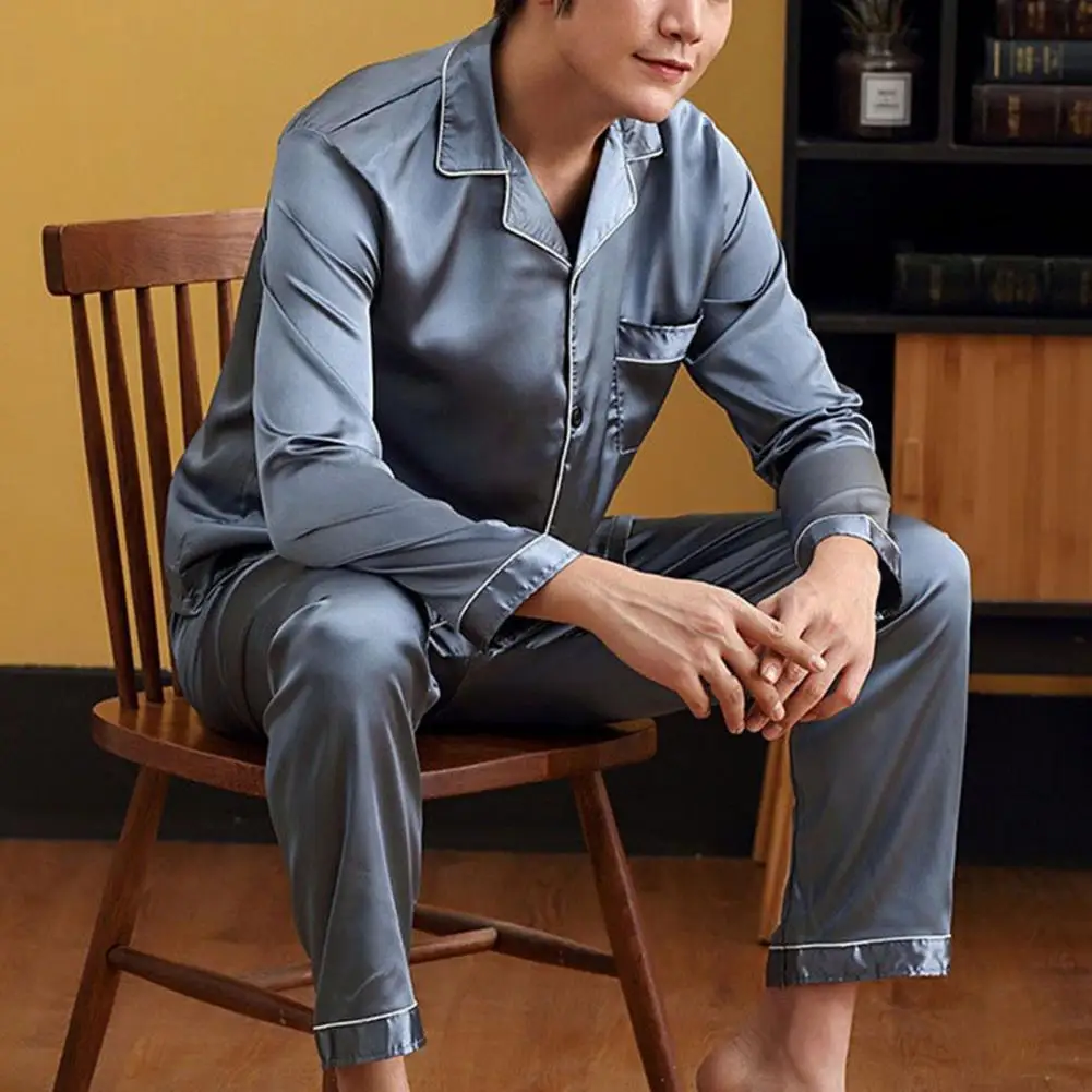 Silk Pajamas Set for Men Summer Long-sleeved Ice Silk Pajamas for Casual Homewear Sleepwear pajamas set silk pajamas man pajamas set
