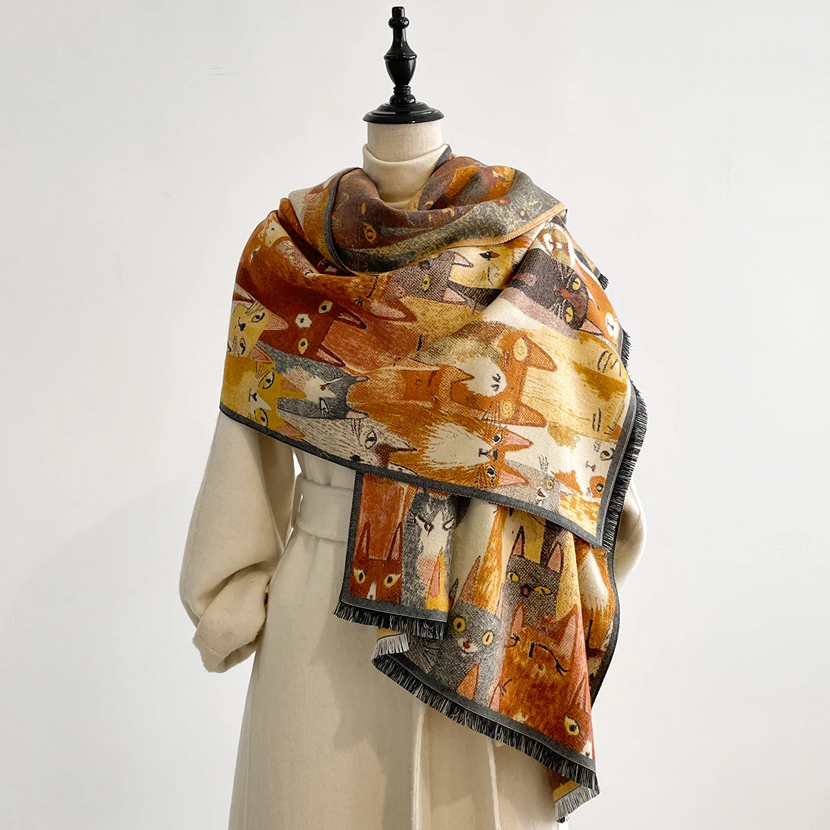 Luxury Winter Cashmere Colorful Kitten Design Scarf Women Warm Pashmina Blanket Poncho Scarves Female Oil painting Shawl Bufanda