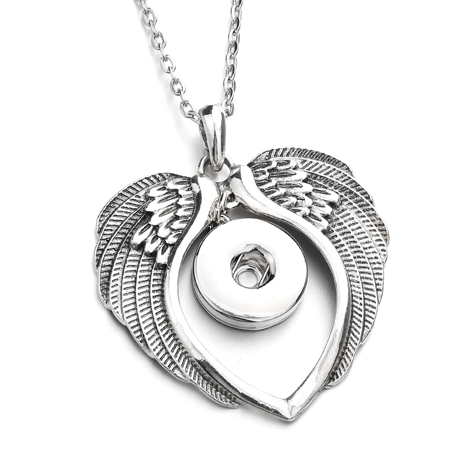 10pcs Vintage Style Heart Snap Button Necklace 18mm Metal Snaps Buttons Angel Wings Pendant Necklaces For Women Jewelry