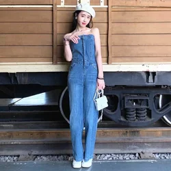 Blue Elegant Women's Strapless Sleeveless Strapless Full Length Backless Tube Top Denim Jumpsuit High Waist Wide Leg Overalls