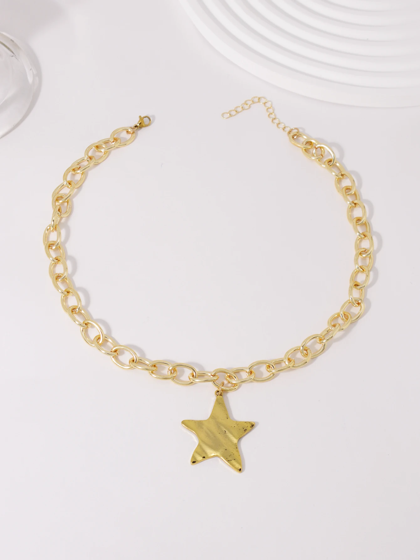 Vintage Chunky Chain Pentagram Pendant Necklace Bold Statement Womens