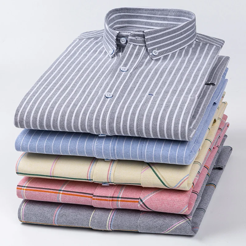 

2022 New Mens Striped Plaid Oxford Casual Long Sleeve Shirts Comfortable Cotton Office Male Business Dress Shirt Clothes