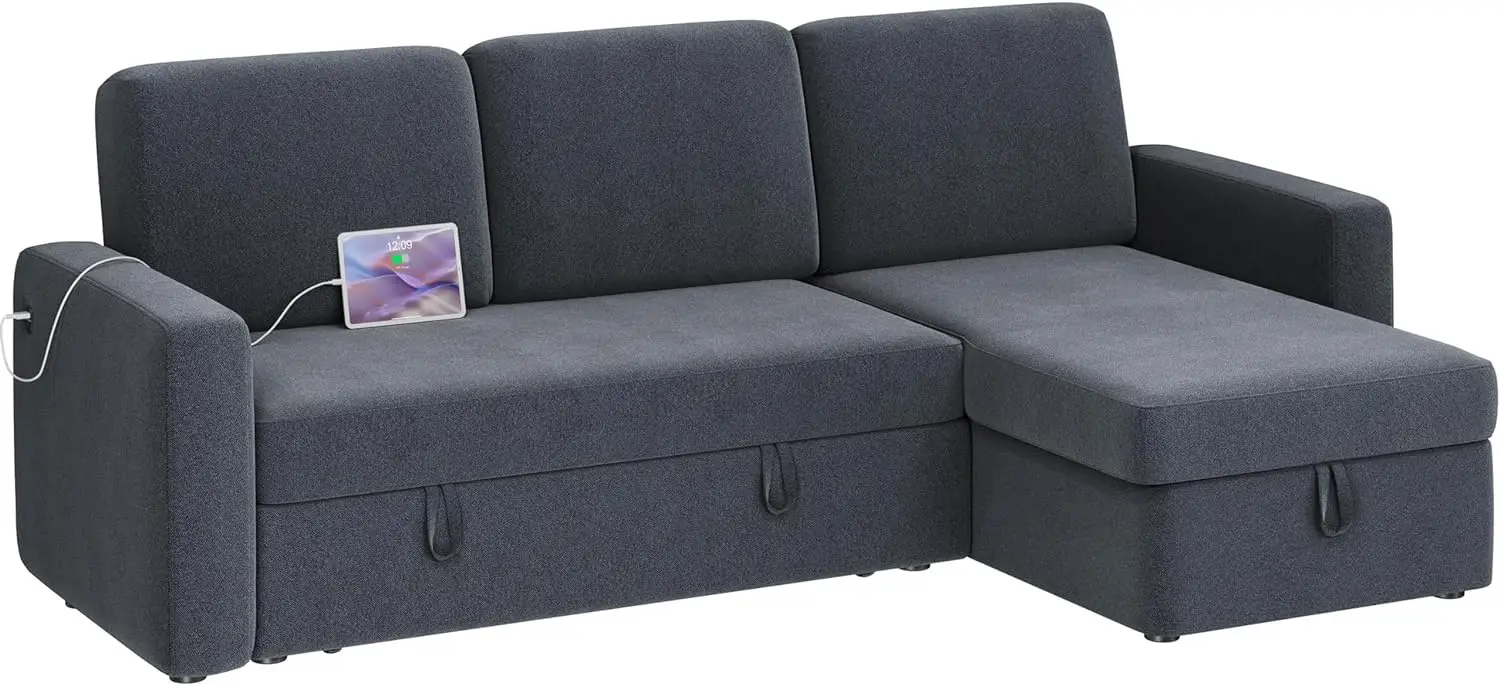 

Sectional Sofa L-Shaped Sofa Couch Bed w/Chaise & USB, Reversible Couch Sleeper w/Pull Out Bed & Storage Space, 4-seat Fabric