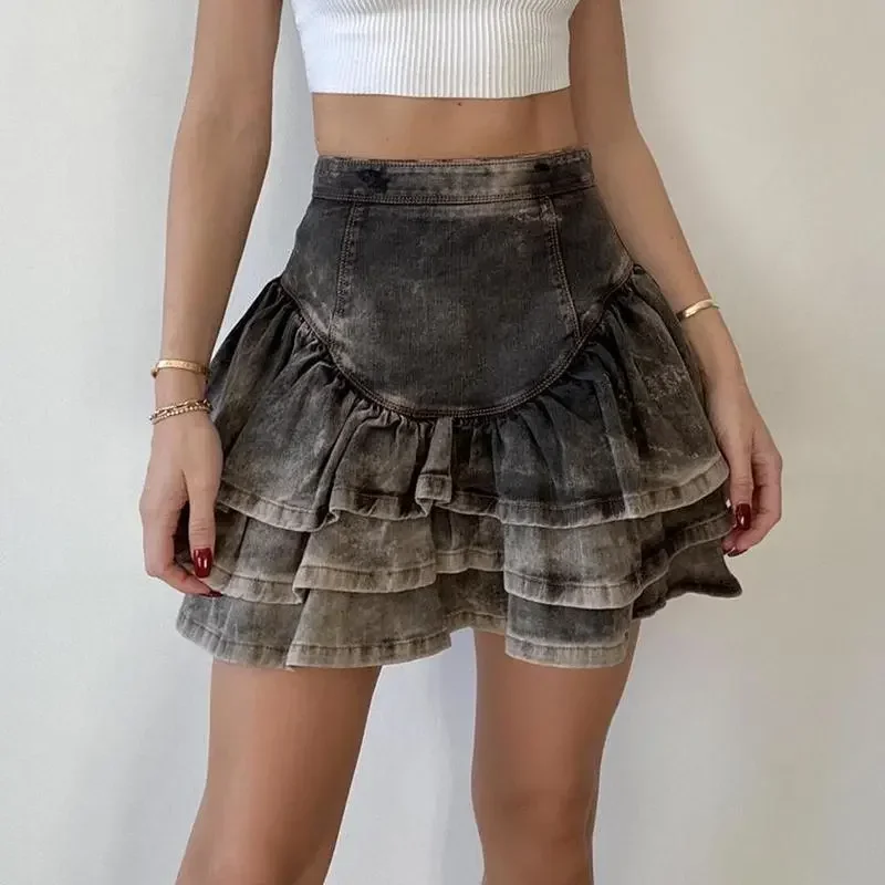 

Streetwear Vintage Short Denim Skirt Women Harajuku Y2k E-girl High Waist Mini Skirt Gothic Punk Loose Cake Skirts New Design