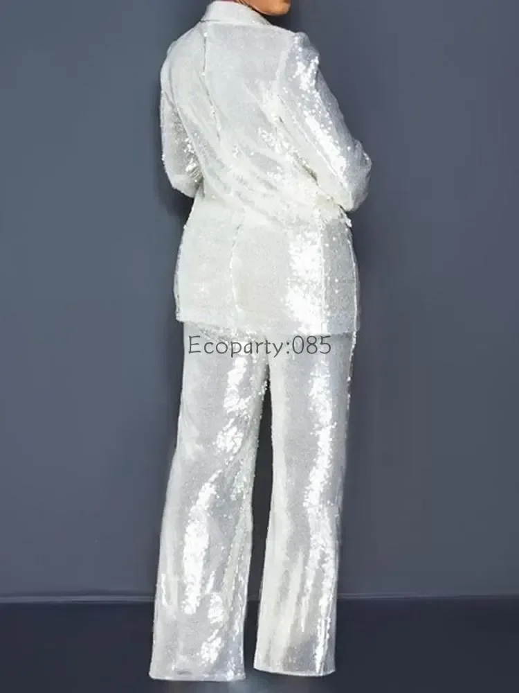 Women Suit Long Sleeve V-neck Polyester Sequined 2 Pieces Sets Top and Pant Ladies Temperament Commuting Slim Sequin Sets 2024 4