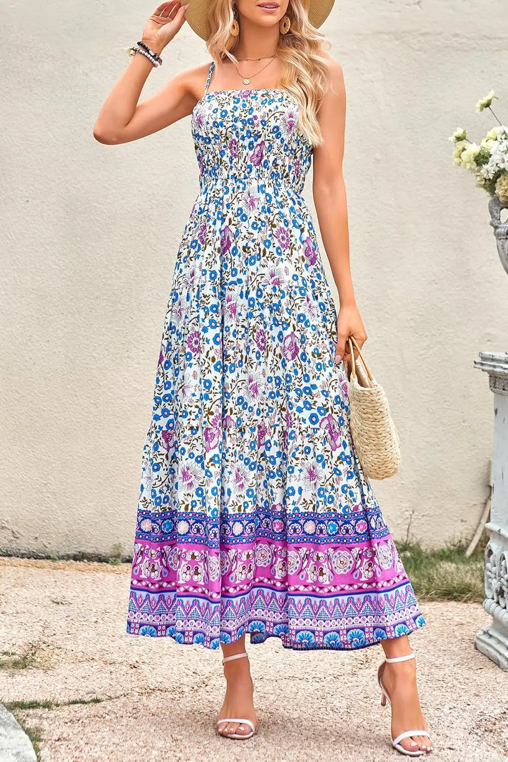 Vintage Flower Print Spaghetti Strap Dresses Women Fashion Trendy Bohemian Beach Vacation Long Dress Female Summer New Vestidos
