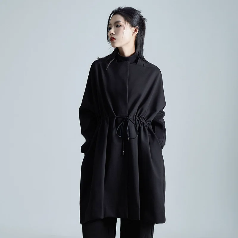 Gothic Black Trench Coat Women' S Long Jacket 2024 New Batwing Sleeve Loose Tunic Waist Heavy Thick Spring Warrior Outwear