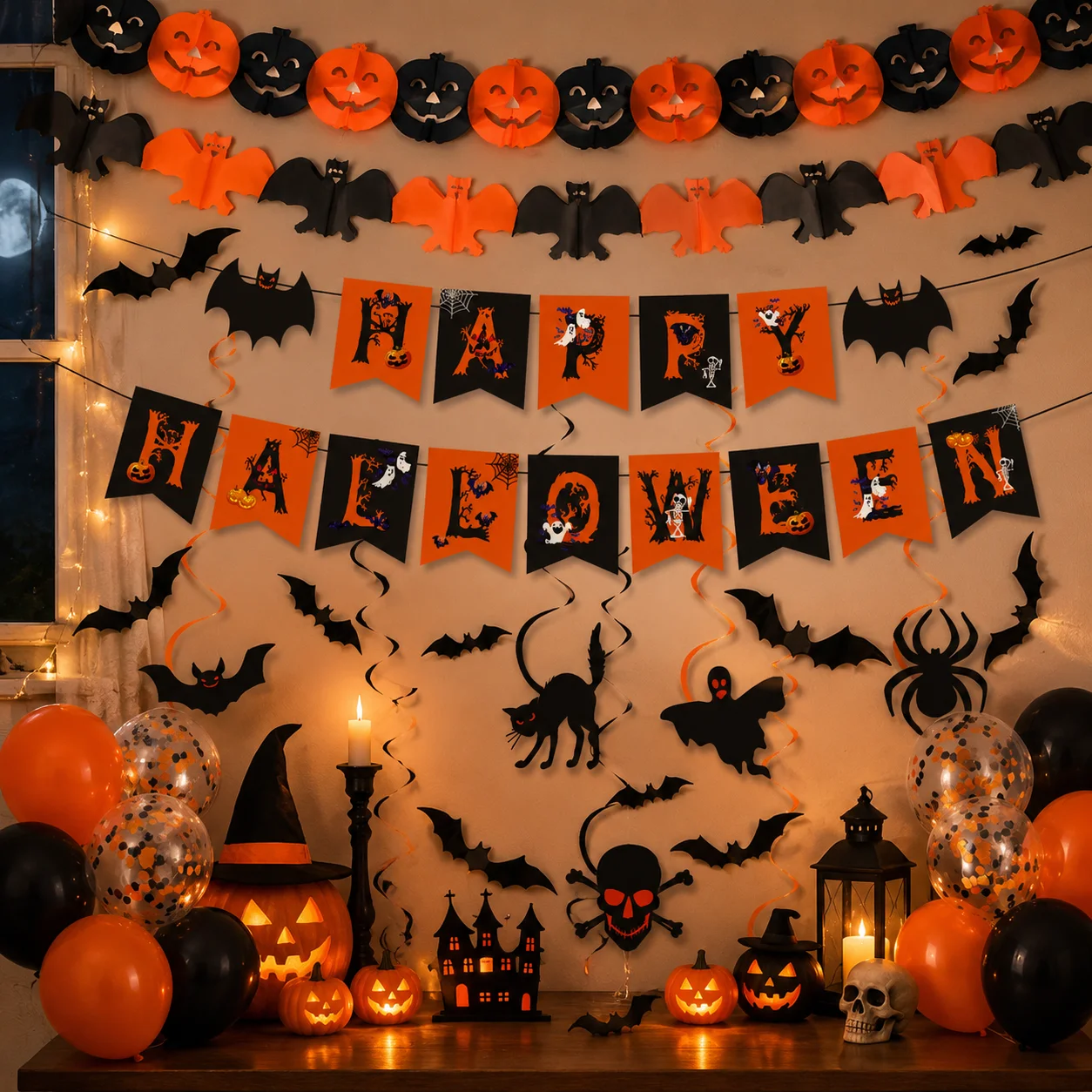 Halloween Decorations, Party Supplies Set Includes Happy Halloween Banner Skeleton-Themed Bunting Garland Wall Stickers Party