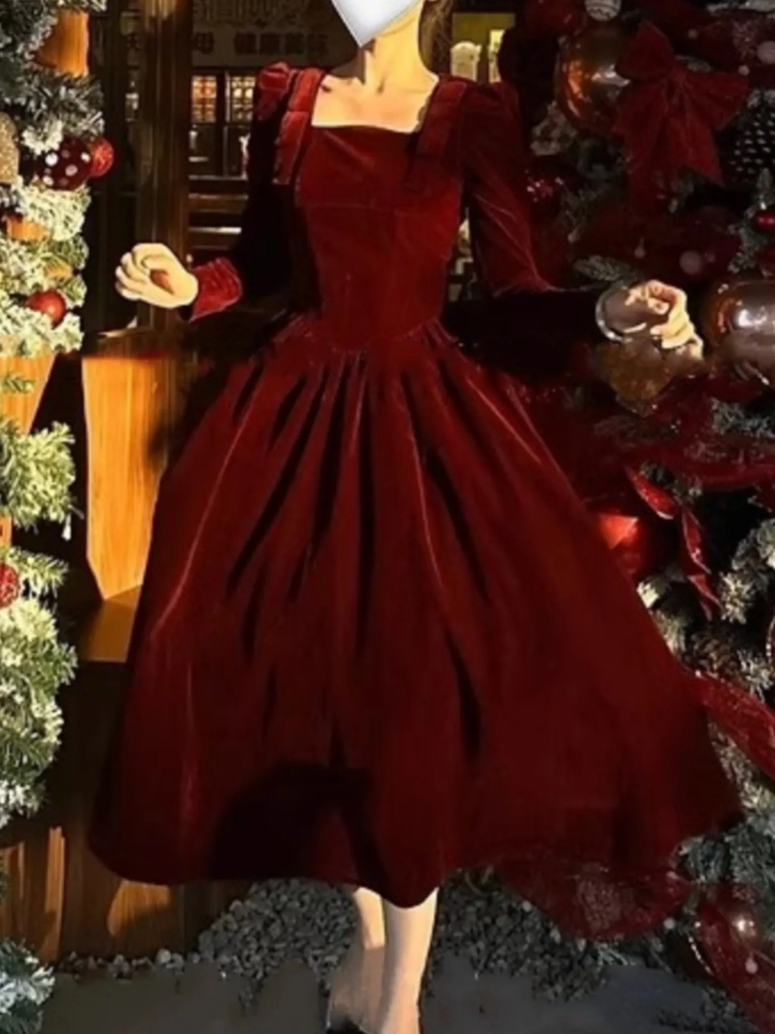 fitted lace wedding dress Red velvet christmas party dress JENNIE – MYAN ATELIER main image 1