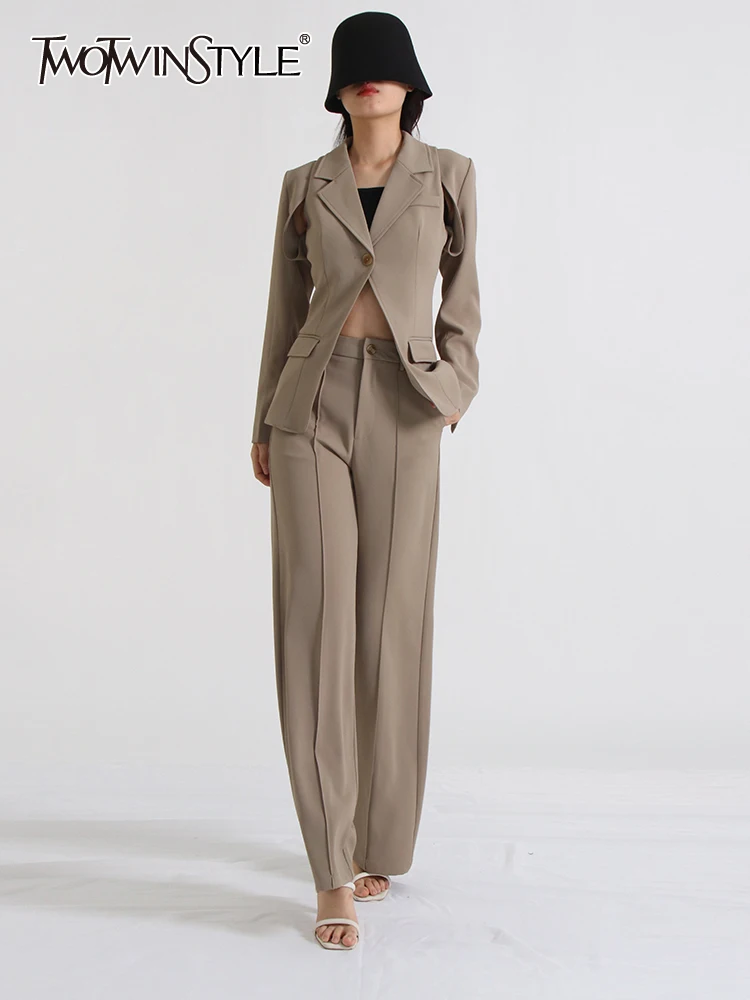 

TWOTWINSTYLE Solid Three Piece Sets For Women Notched Collar Sleeveless Tops Long Sleeve Blazer High Waist Pant Chic Set Female