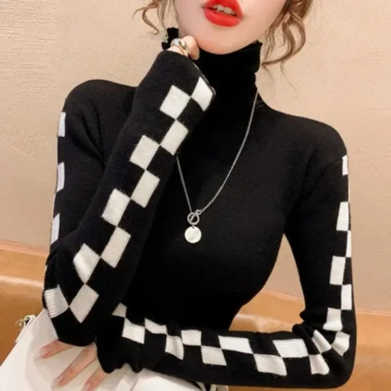 

Knitted Women's Autumn Winter New Korean Version Temperament Versatile Long-sleeved Top Turtleneck Plaid Undershirt Sweater