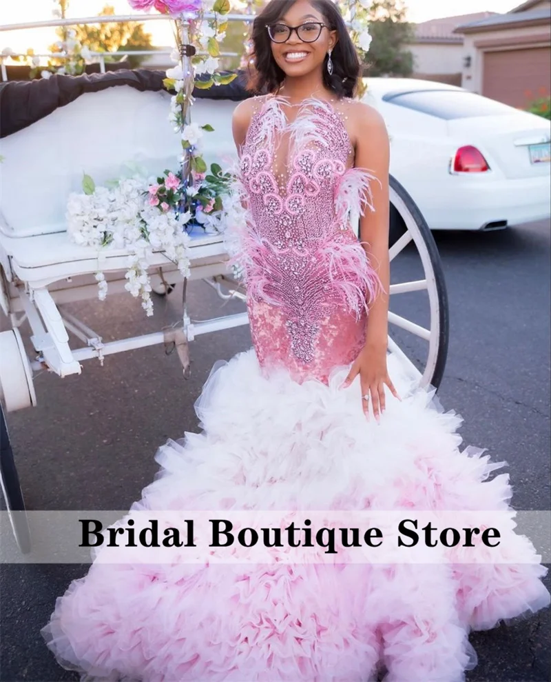 

Pink Crystal Beaded Prom Dresses 2024 For Black Girls Rhinestones Diamonds Ruffles Feathers Glitter Wedding Party Gown