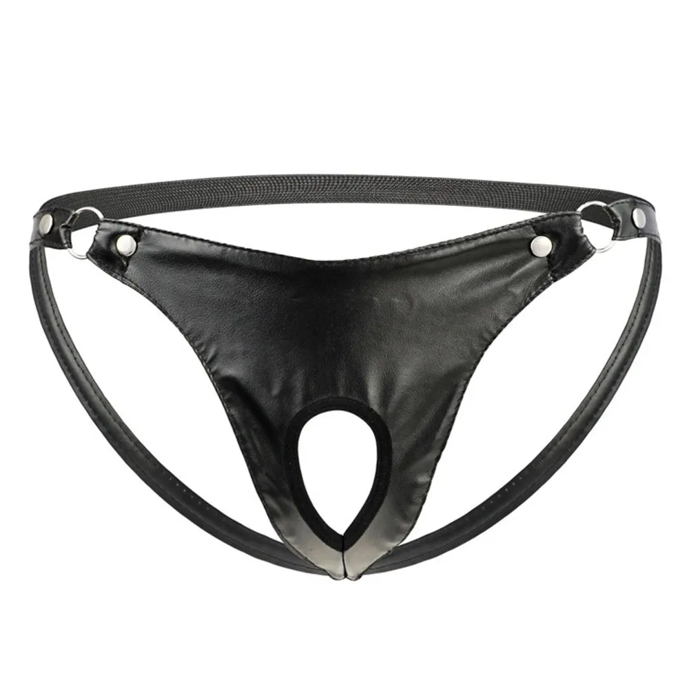 Ring Open Crotch Breathable Erotic Thong Men Penis Hole Underwear Artificial Leather Buttocks Hollow Thong Men Jockstrap Panties sexy deep v neck hanging neck party gown pleated backless metal ring prom dress flowing straps buttocks wrapped spicy girl short