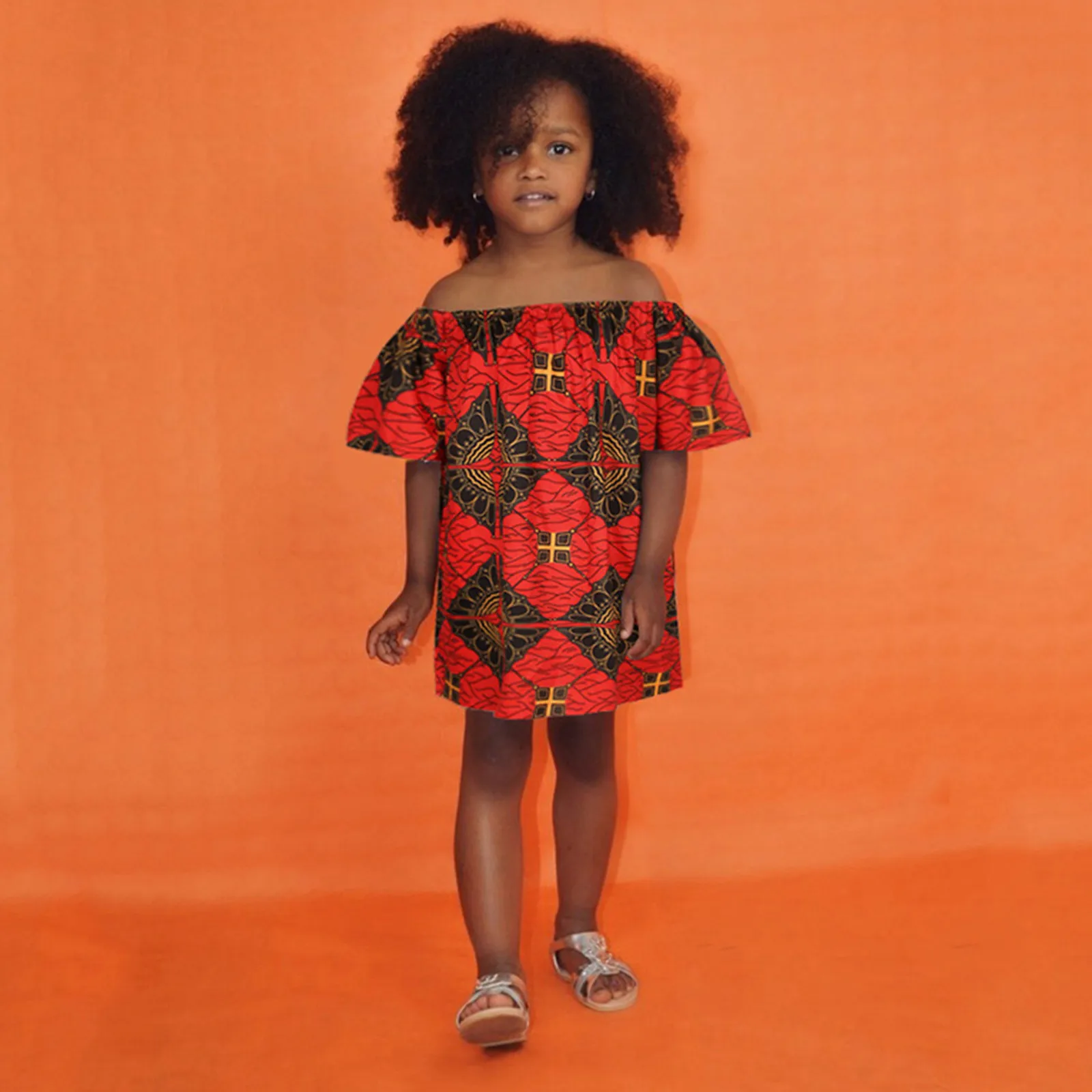 Toddler kids ankara princess dresses baby girls african dashiki traditional style sleeveless off shoulder dress sundress