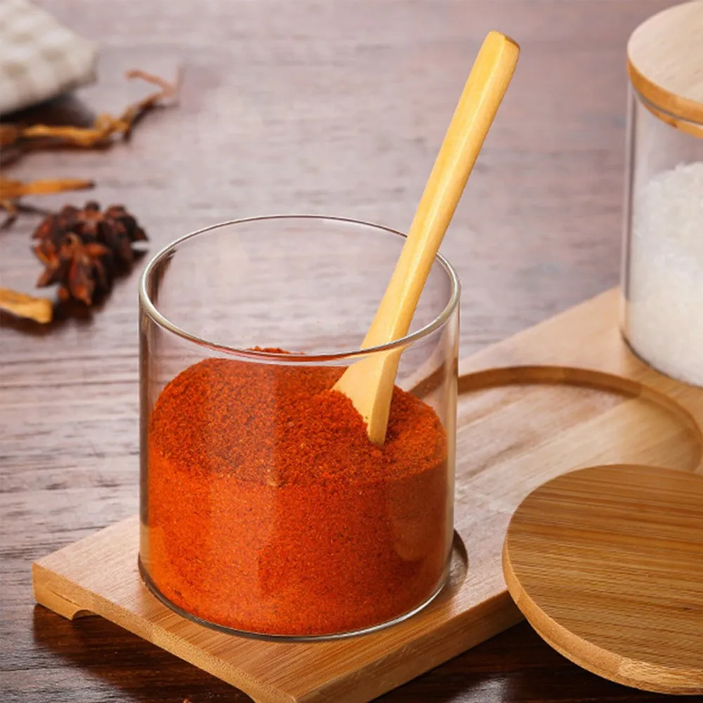 Glass Seasoning Storage Jars Bamboo Lid And Spoon Kitchen Spice Box Seasoning Container Sugar Salt Pepper Jar