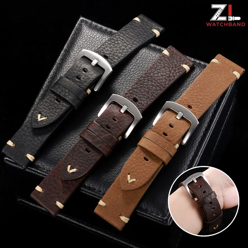 Vintage Genuine Cowhide Leather Watch Band with Metal Buckle