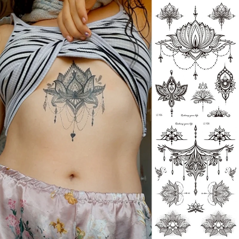 Black Mandala Flower Temporary Tattoo Stickers Chest Arm Waist Body Art Sexy Fake Tatoo Women Girls Waterproof Transfer Tattoo tattoo sticker temporary tattoos