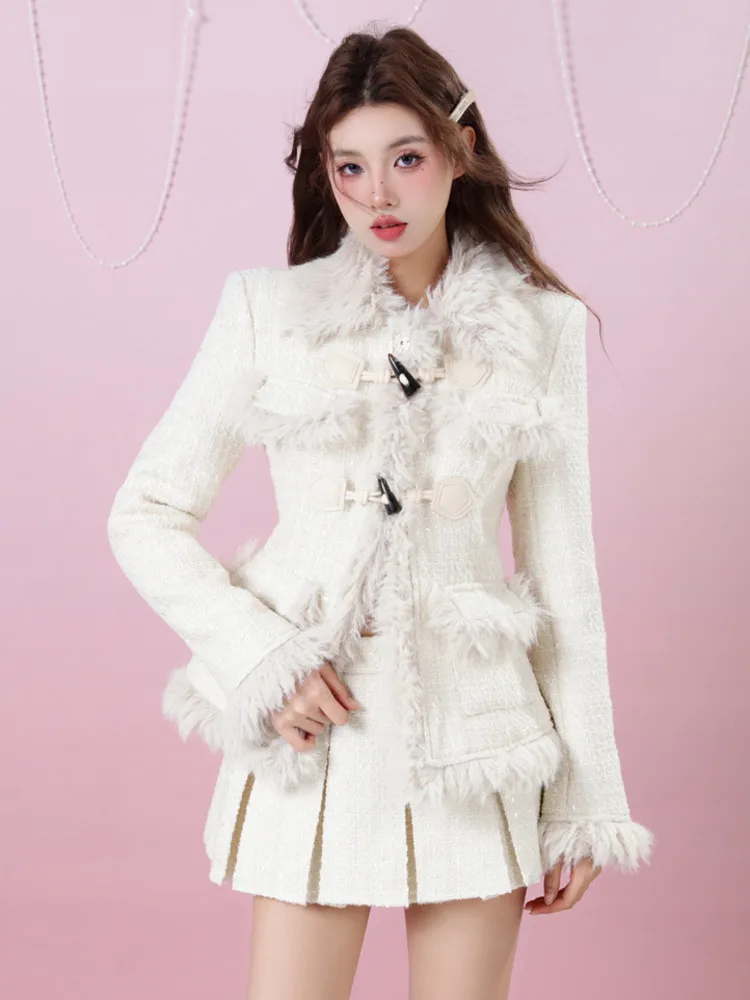 

High Quality Thick Warm Winter Outfits For Women Two Piece Set Elegant Fashion Coat + Pleated Skirt 2 Piece Sets Women Outfit