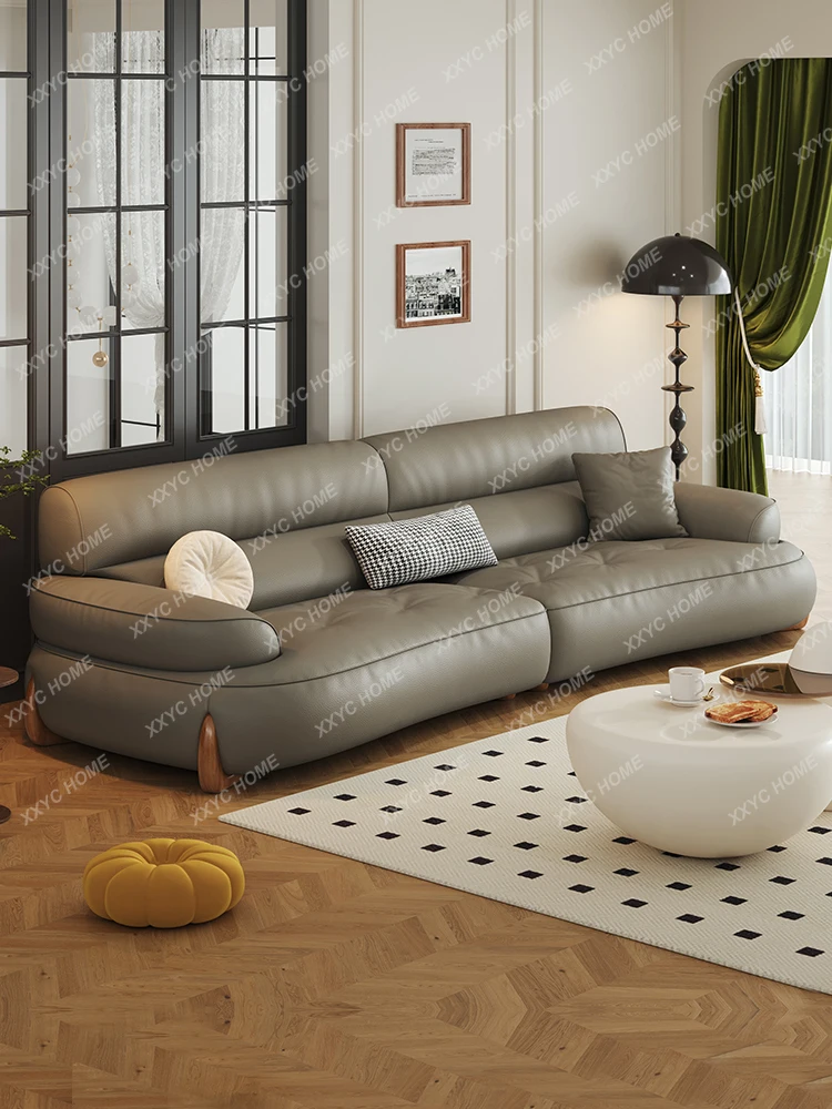 

Leather Sofa French Cream Living Room Small Apartment Light Luxury Modern Large Seat Deep Minimalist Curved Sofa