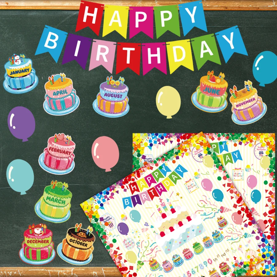 생일 축하 게시판 세트, 생일 벽 교실 장식, 달력 게시판, 교실용 컷아웃, 31 개