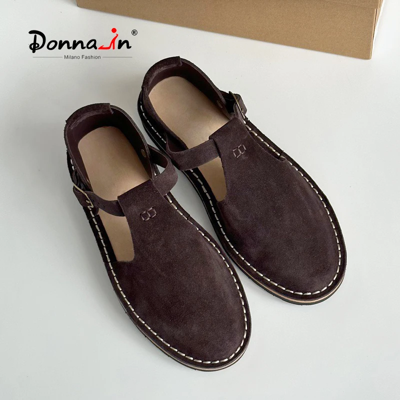 

Donna-in Suede Summer Women Buckle Sandals Roman Genuine Leather Breathable Flat Shoes Handmade Female Footwear Top Quality