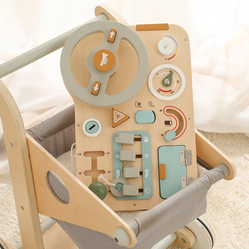Houten Druk Bord Montessori Speelgoed Stuur voor Peuters, Interactief Houten Dashboard Stuurwiel Fantasiespel Rijspeelgoed, Activiteitenbord voor Kinderen, Zintuiglijk Speelgoed
