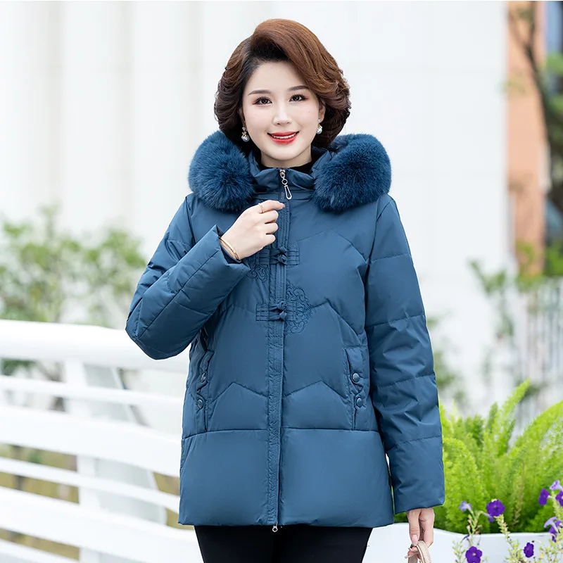 

Size 6XL Winter Parka High Quality Women Mother White Duck Down Jacket Warm Detachable Hat Hooded Thick Puffer Embroidery Coat