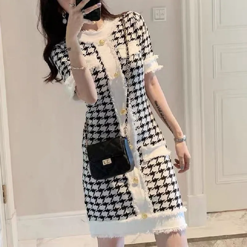 

Korean Thousand Bird Grid Knitted Short SLeeve Dresses for Summer Women's Dress with Tassels 2024 NEW SKINNY MINI Hip Wrap Dress