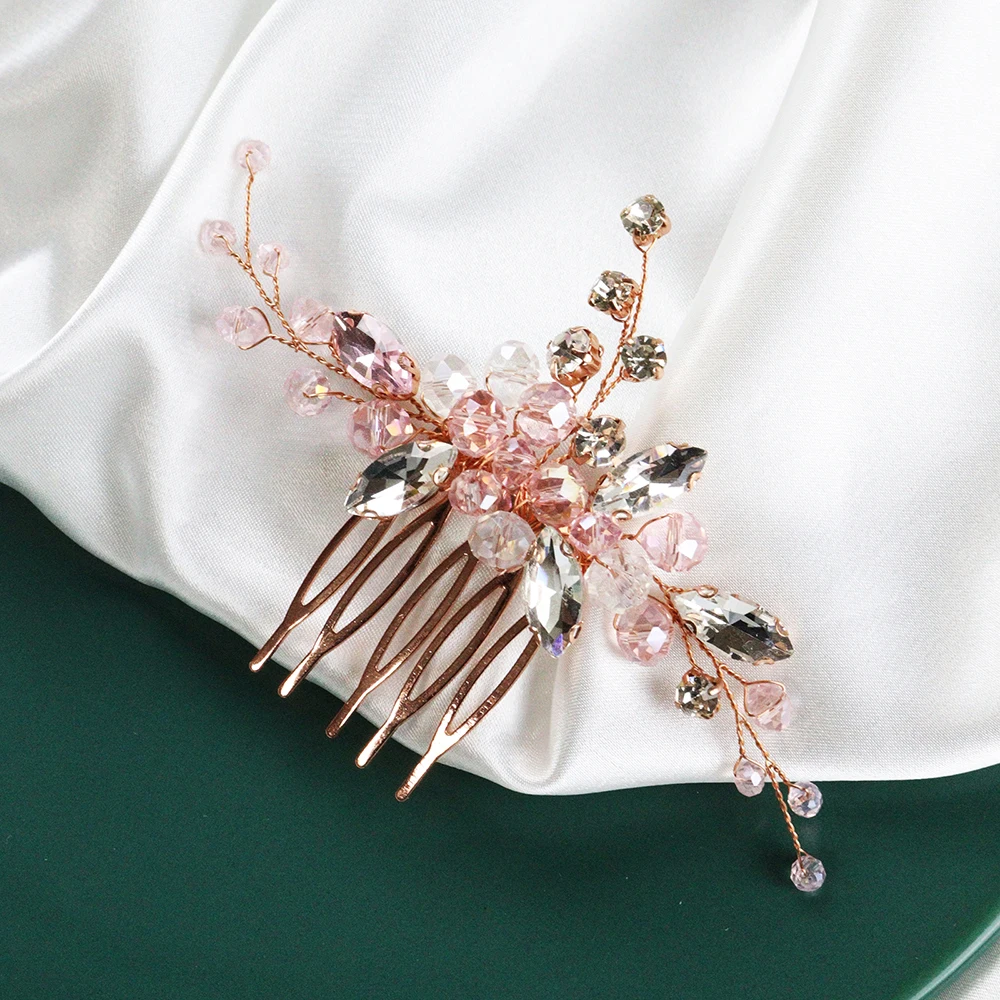 Rose Gold Crystal Hair Comb Elegant Flower Hair Jewelry Female Festival Headpieces Women Wedding Accessories for Bride
