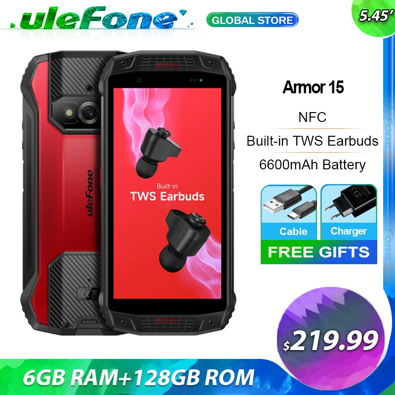 Ulefone – Smartphone Armor 15, téléphone robuste, Android 12, écouteurs TWS intégrés, 6600mAh, 128 go, NFC, 2.4G/5G WLAN, étanche