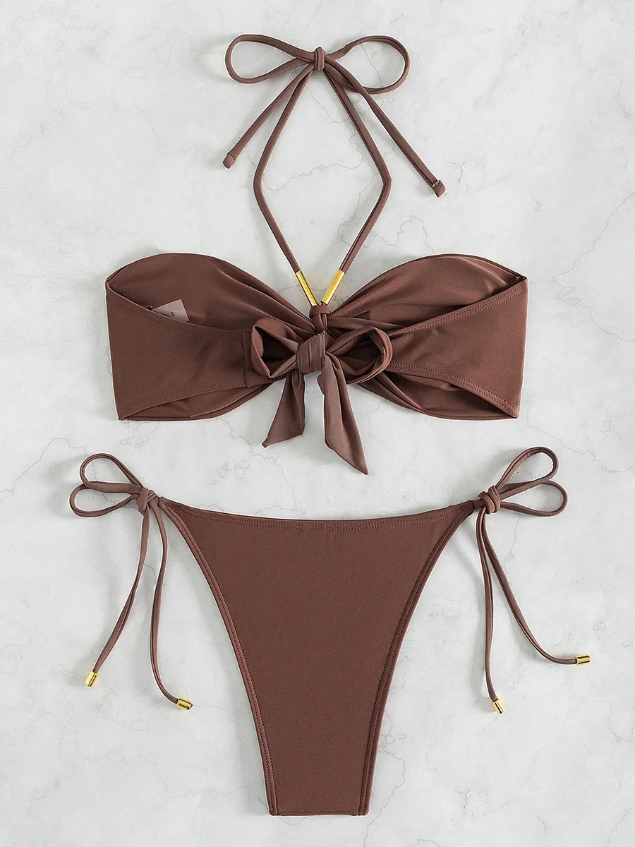 XS - L Halter Wrinkled Bandeau Bikini Female Swimsuit Women Swimwear Two-pieces Bikini Set High Cut Bather Bathing Suit Swim 2